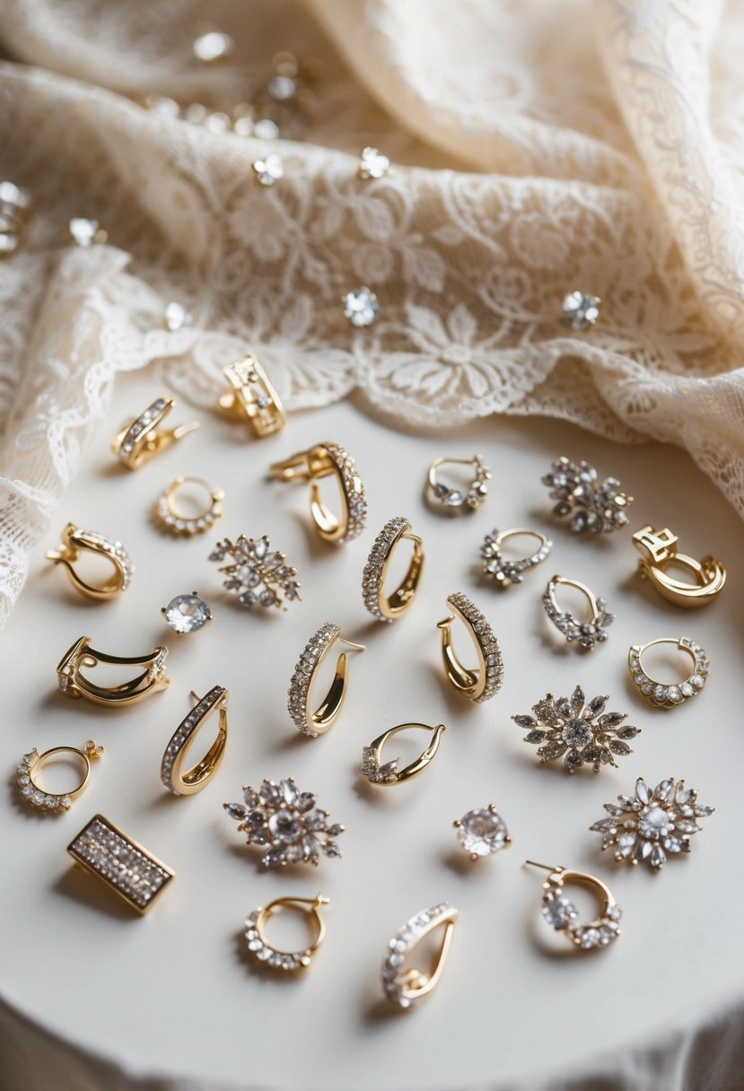 A table scattered with various bridal clip-on earring designs, surrounded by delicate lace fabric and sparkling gemstones