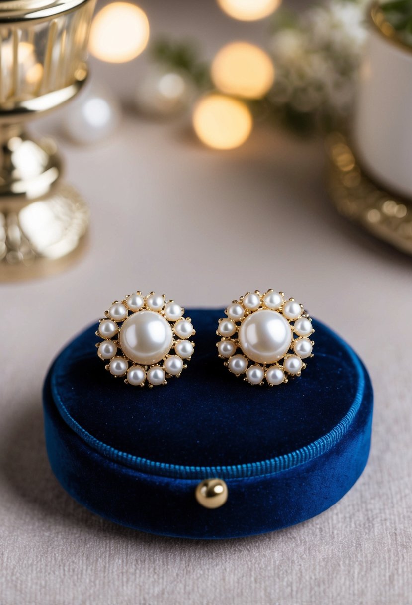 A pair of Glitzy Secrets Pearl Stud Clip On Earrings displayed on a velvet cushion surrounded by soft lighting and elegant decor