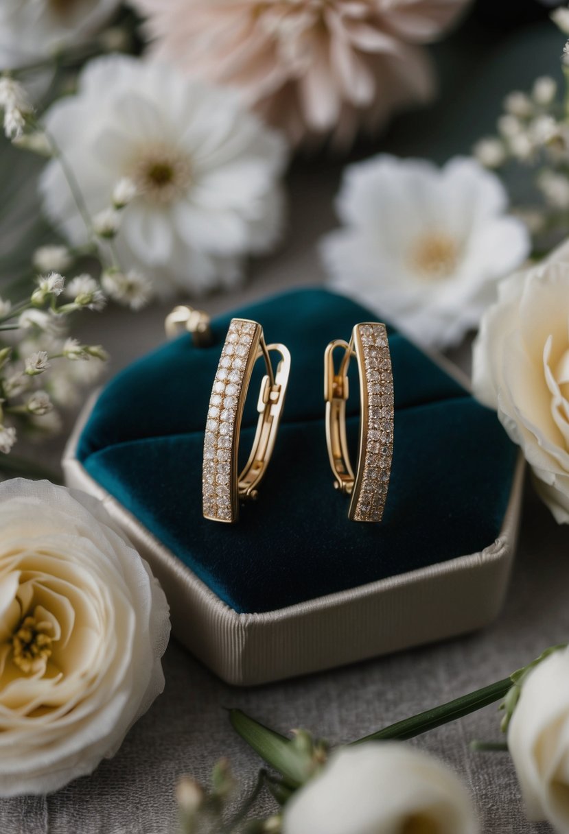 A pair of elegant gold clip-on earrings displayed on a velvet cushion with soft lighting, surrounded by delicate floral arrangements