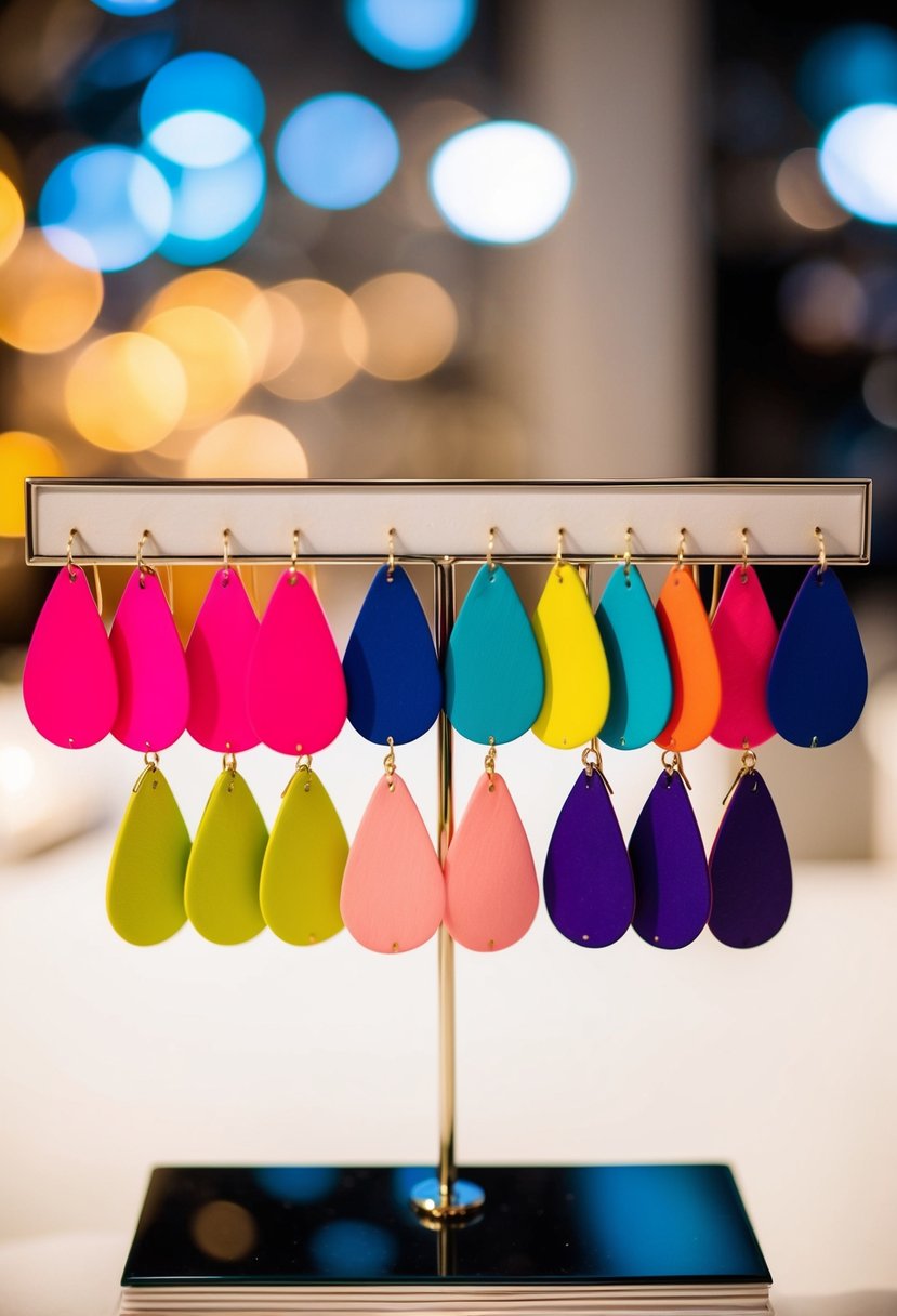 Vibrant, bold-colored clip-on wedding earrings arranged on a sleek, modern display stand