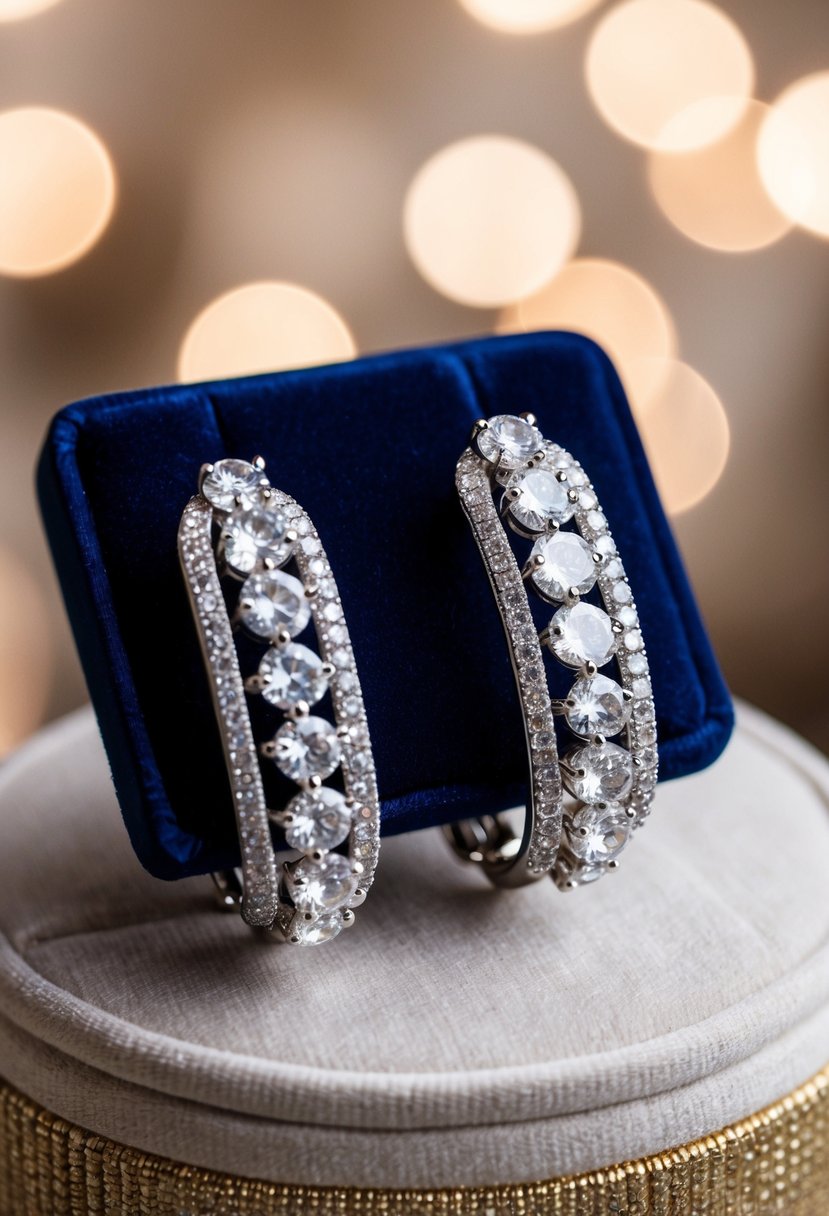 A sparkling pair of CZ bridal clip-on earrings displayed on a velvet cushion with soft lighting