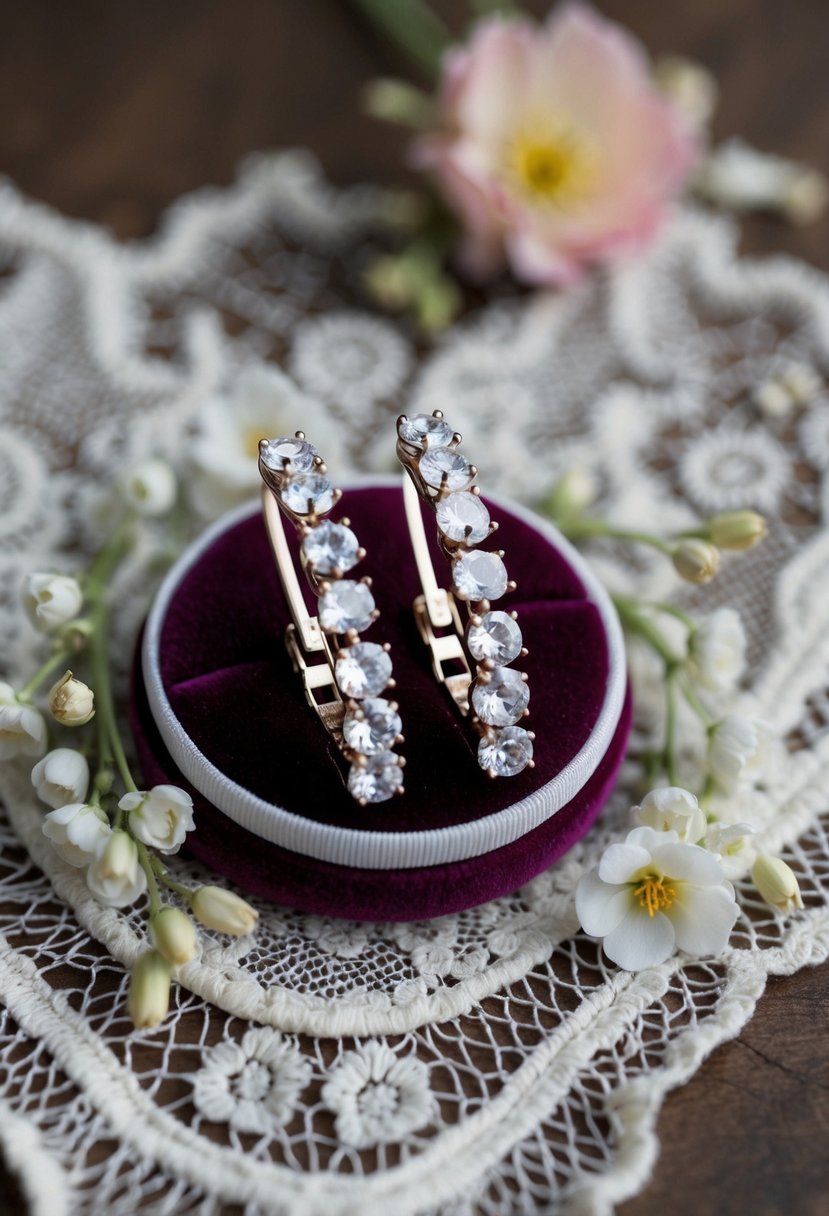 A pair of sparkling crystal clip-on earrings displayed on a velvet cushion, surrounded by delicate lace and floral decorations