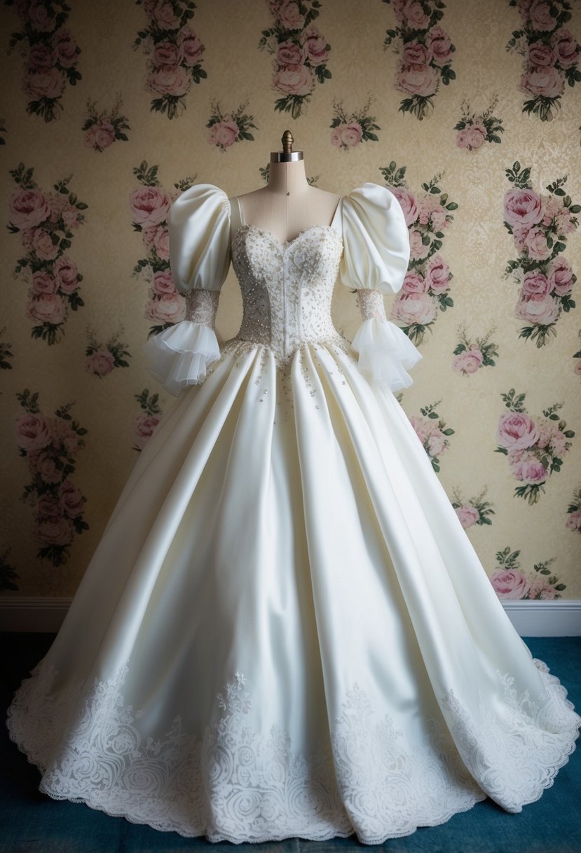 An elegant 80s-style wedding gown with puffed sleeves and a voluminous skirt, adorned with lace and embellishments, set against a backdrop of vintage floral wallpaper