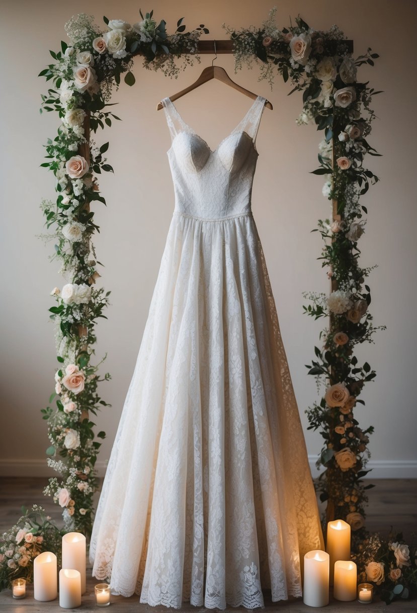 A vintage lace ball gown hangs on a dress form, surrounded by delicate floral arrangements and soft candlelight