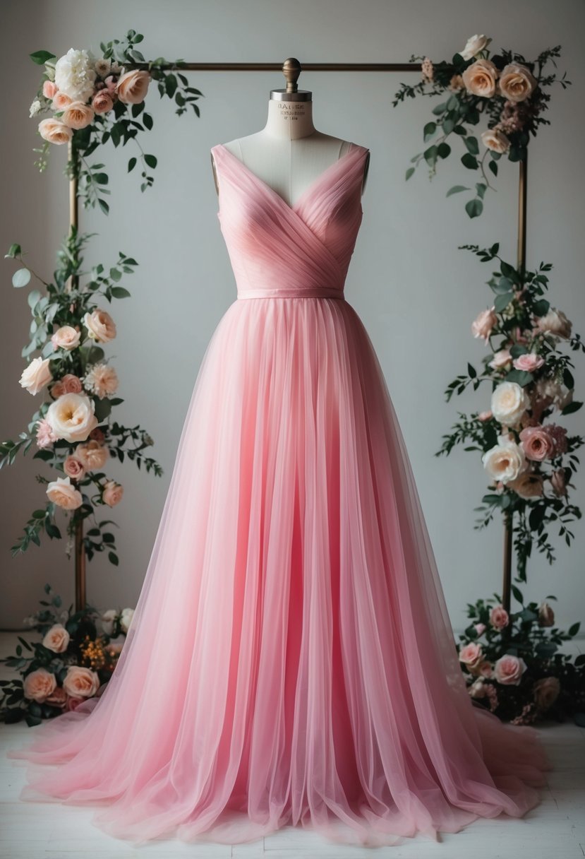 A pink tulle 80s gown draped on a vintage mannequin, surrounded by floral arrangements and soft lighting