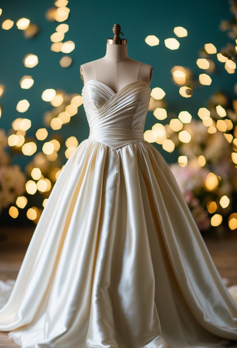 A 1980s satin gown with a sweetheart neckline, flowing gracefully in a vintage wedding setting