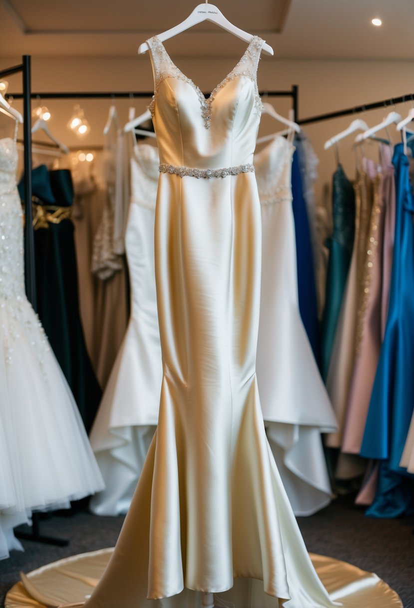 A mermaid silhouette silk dress from the 80s hangs on a mannequin, surrounded by wedding dress ideas