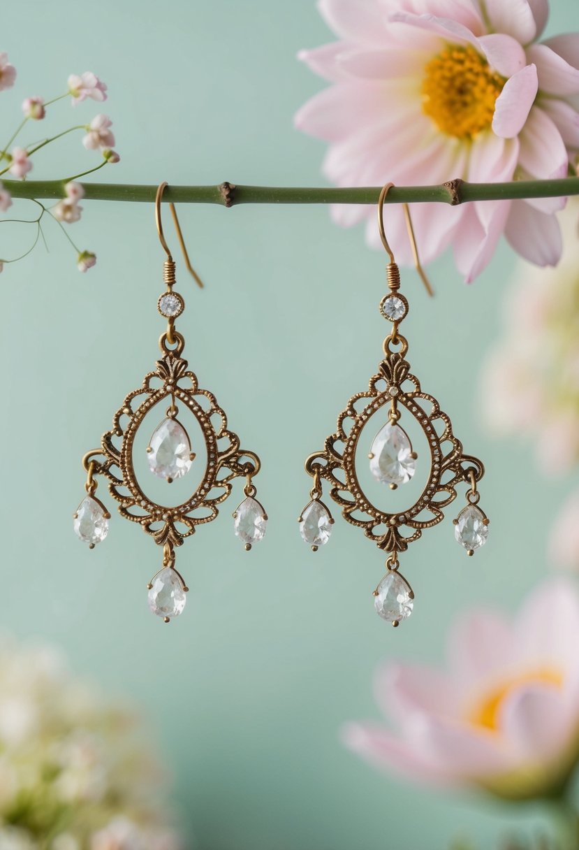 Two ornate chandelier-style earrings hanging against a soft, pastel background with delicate floral accents