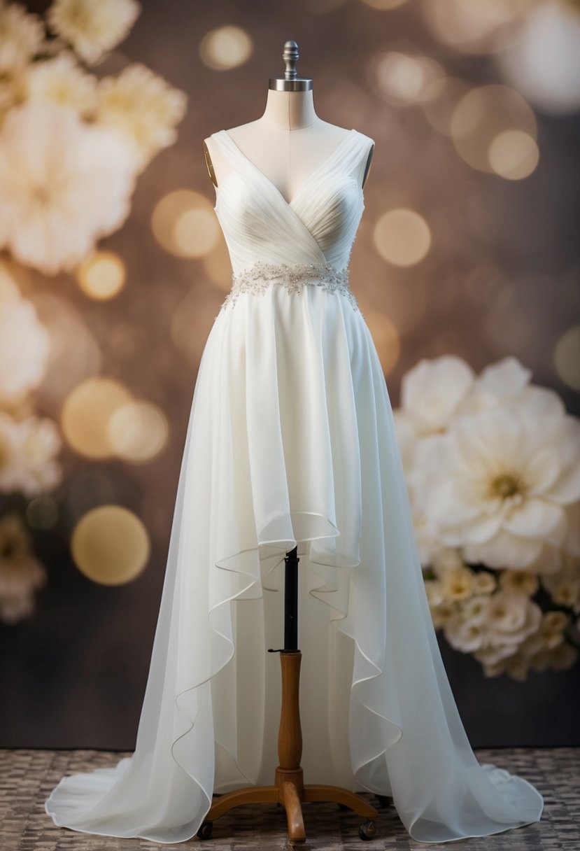 An elegant, flowing organza gown with a dropped waist, adorned with delicate lace and intricate beading, set against a backdrop of vintage 80s wedding dress ideas