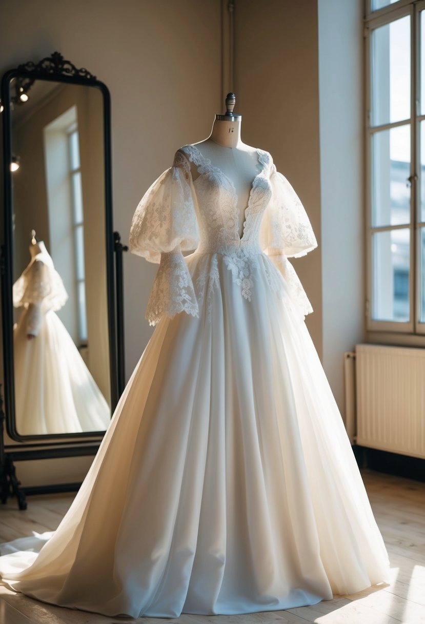 An elegant 80s-inspired wedding gown displayed on a dress form in a sunlit atelier. Lace details and voluminous sleeves add drama to the statement piece