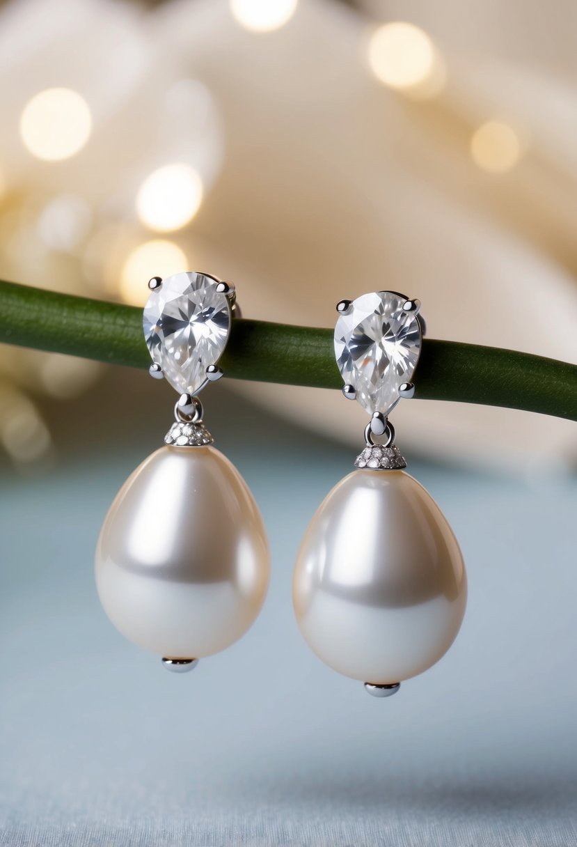 A pair of ivory pearl drop earrings adorned with sparkling cubic zirconia, set against a soft, elegant background