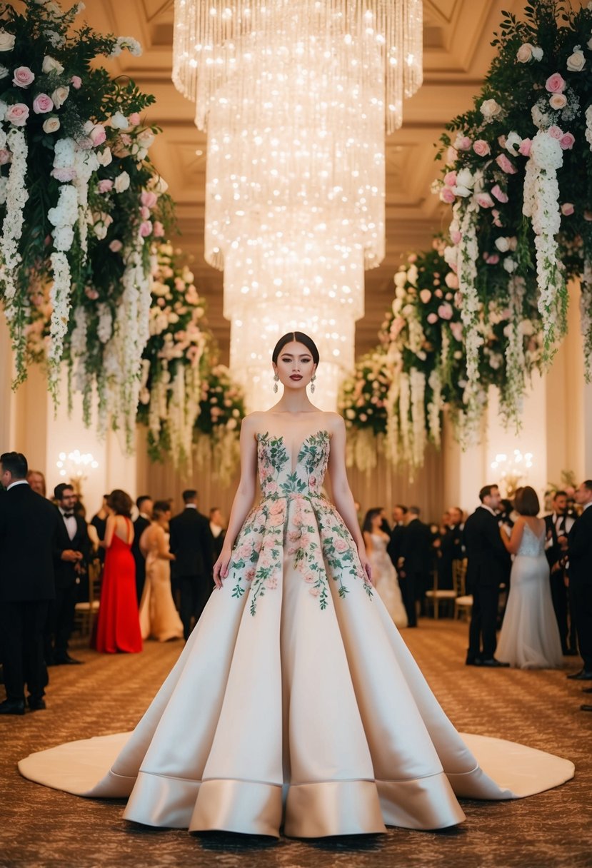 A grand ballroom with cascading floral decorations and soft lighting, showcasing an elegant 80s-inspired Teuta Matoshi gown