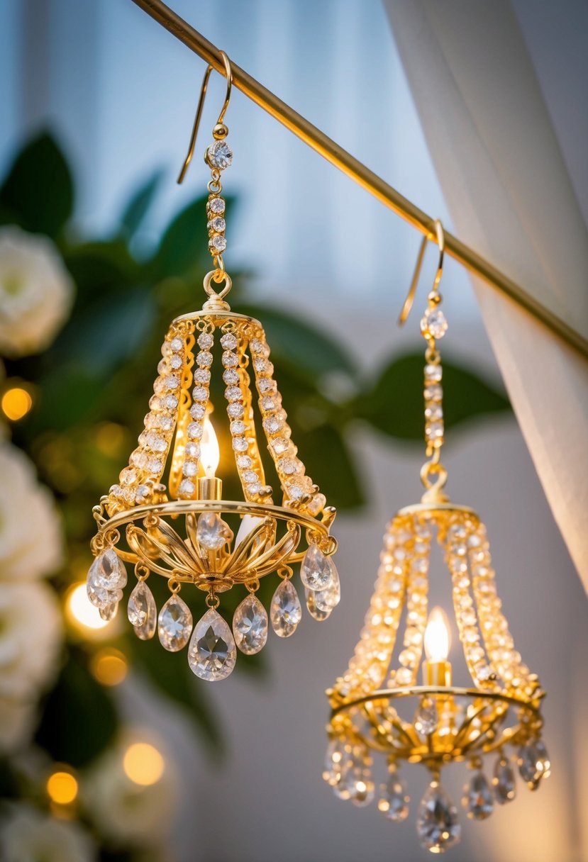 A pair of gold-plated chandelier earrings dangle elegantly, catching the light and casting a warm glow in a luxurious wedding setting