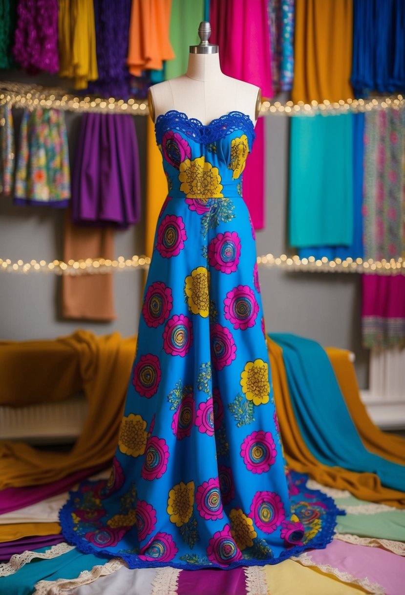 A vibrant Chotronette 80s gown hangs on a mannequin, surrounded by colorful fabric swatches and vintage lace trim