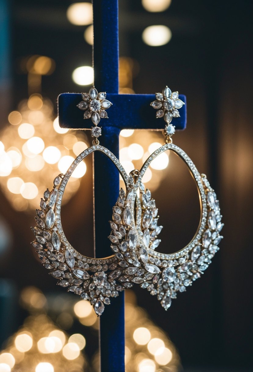 A pair of ornate, oversized bridal earrings dangle from a velvet display, catching the light and casting shimmering reflections in a dimly lit room