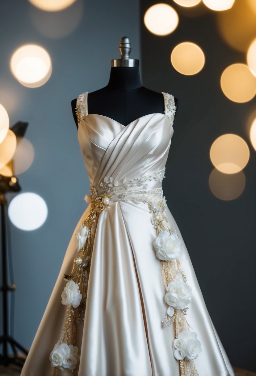 A satin mock-up gown draped over a dress form, adorned with 80s-inspired details and wedding dress elements