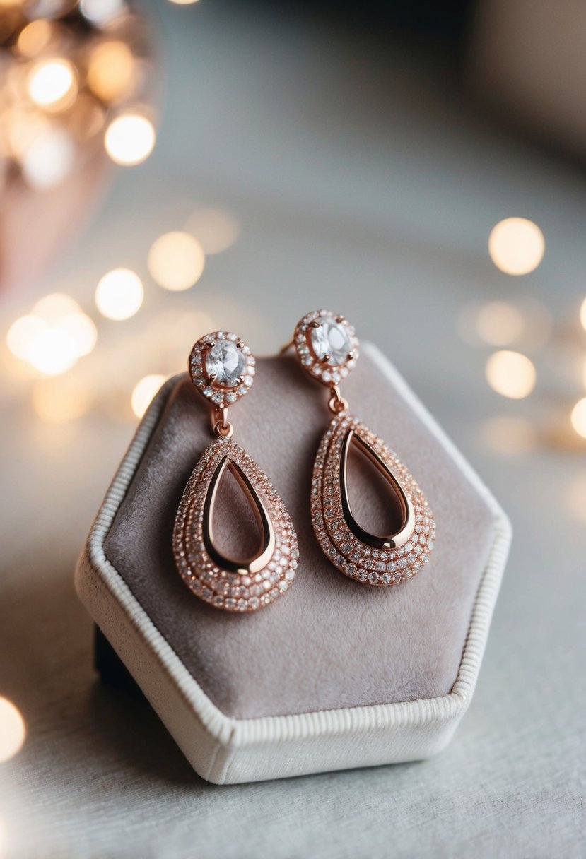 A sparkling pair of rose gold drop earrings, elegantly displayed on a velvet cushion with soft lighting highlighting their intricate design