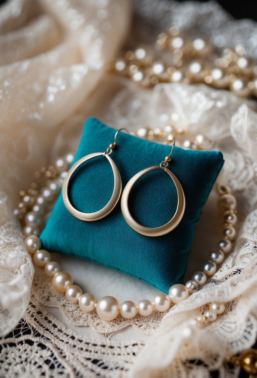 A pair of elegant, custom handmade large earrings displayed on a velvet cushion, surrounded by delicate lace and shimmering beads