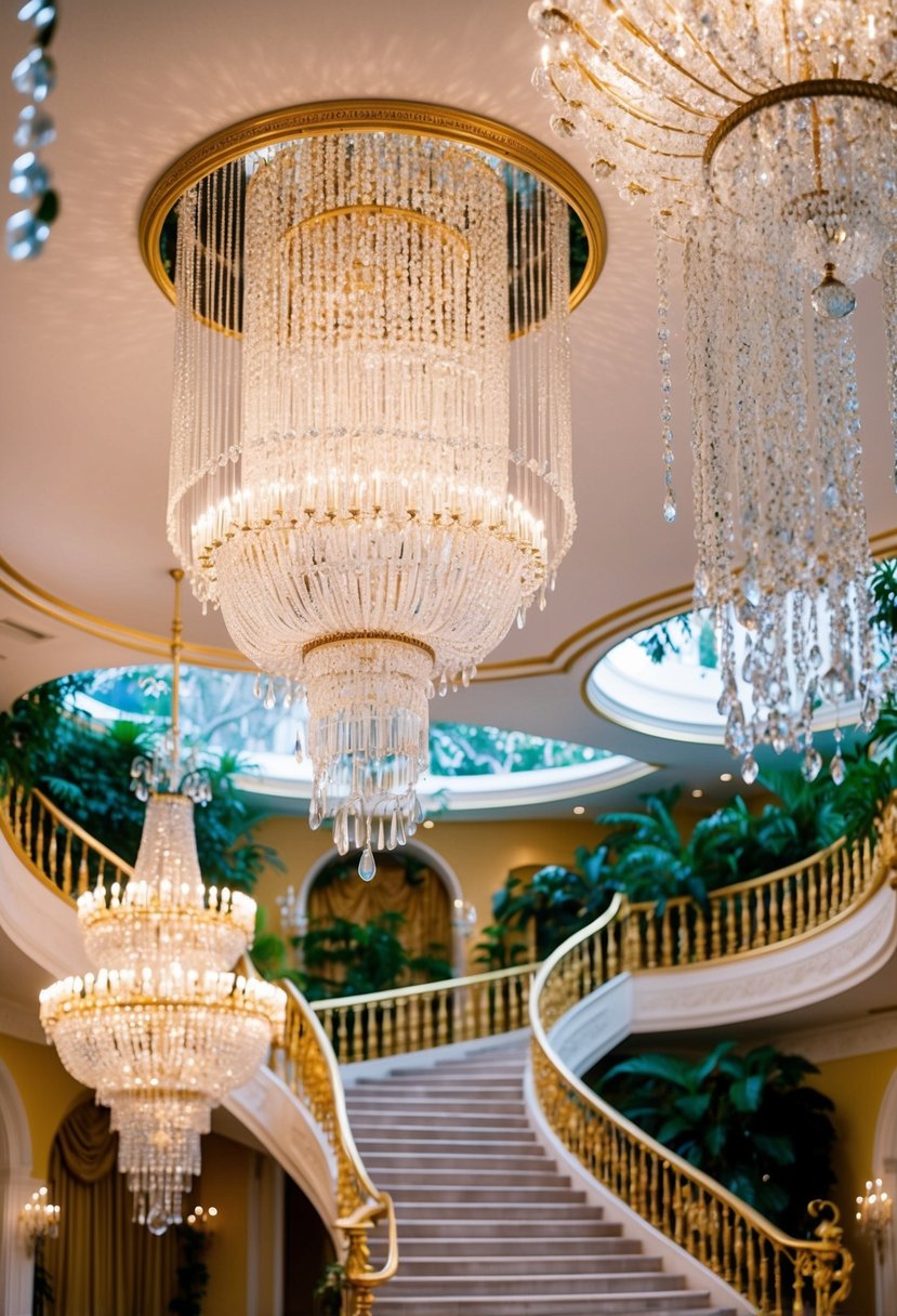 A grand ballroom with cascading crystal chandeliers, opulent gold trimmings, and a sweeping staircase leading to a magical garden