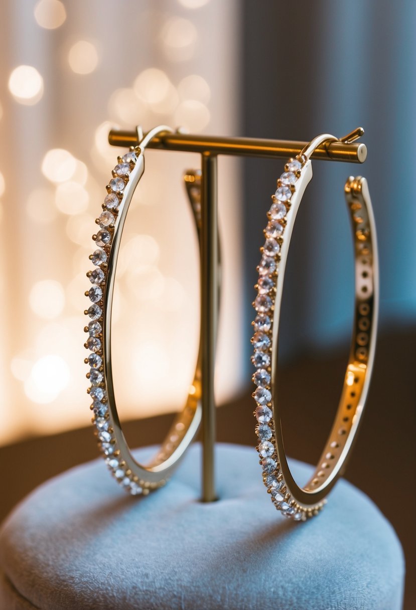 Large crystal-embellished hoop earrings displayed on a velvet cushion with soft lighting