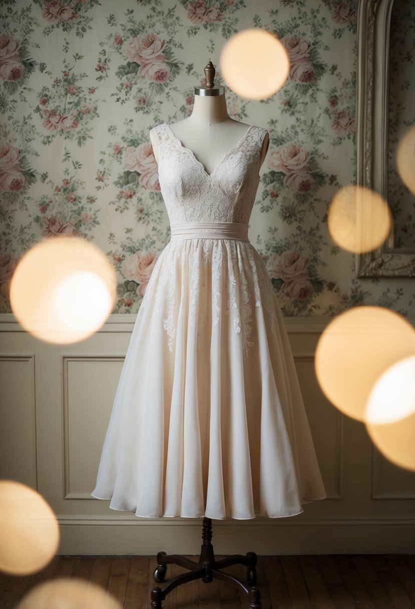 An elegant knee-length dress from the 80s, with a flowing silhouette and intricate lace detailing, set against a backdrop of vintage floral wallpaper and soft, romantic lighting