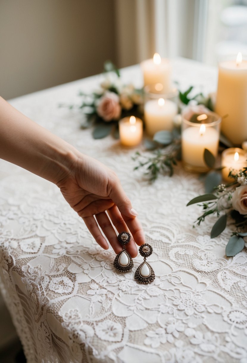 A bride's hand reaches for vintage-inspired drop earrings on a lace-covered table, surrounded by soft candlelight and delicate floral arrangements