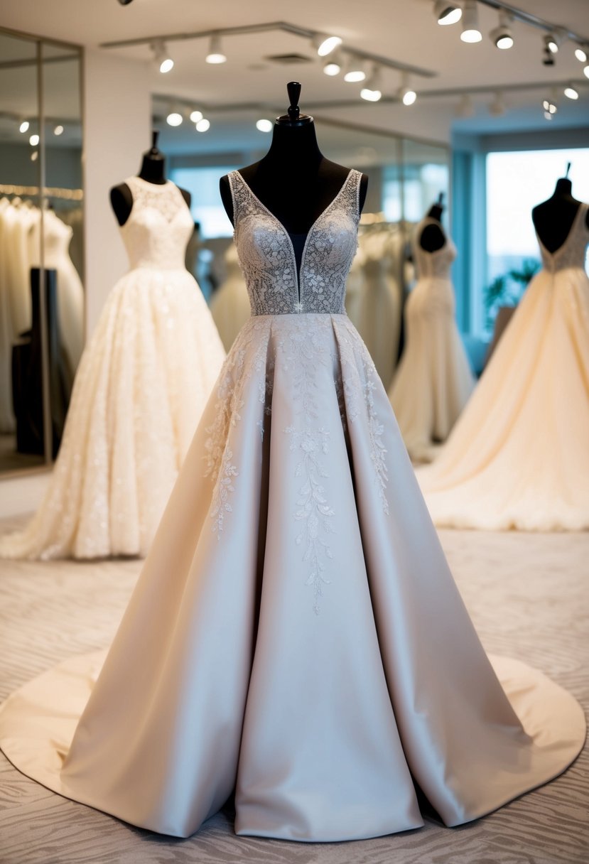 An elegant fit-and-flare 80s gown displayed on a mannequin in a luxurious bridal couture boutique