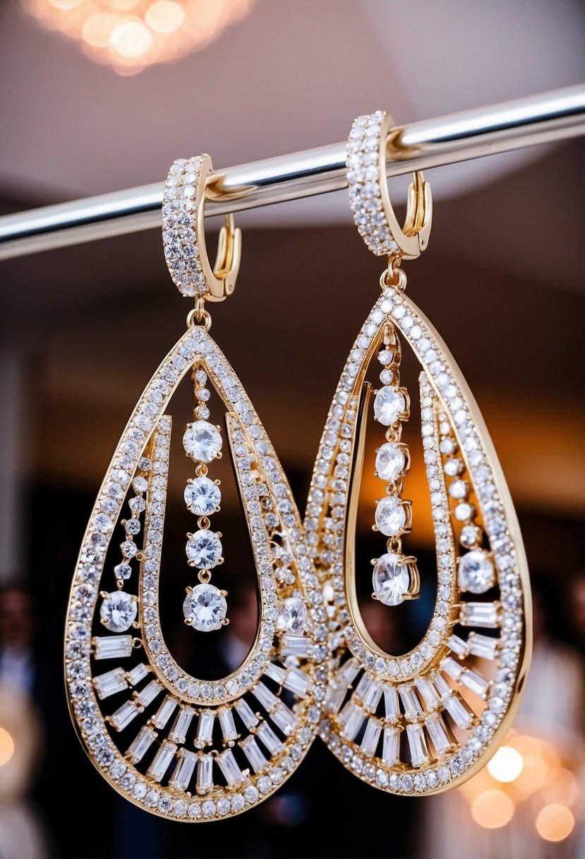 A sparkling pair of large dangle earrings, adorned with shimmering gemstones, catching the light at a glamorous wedding reception