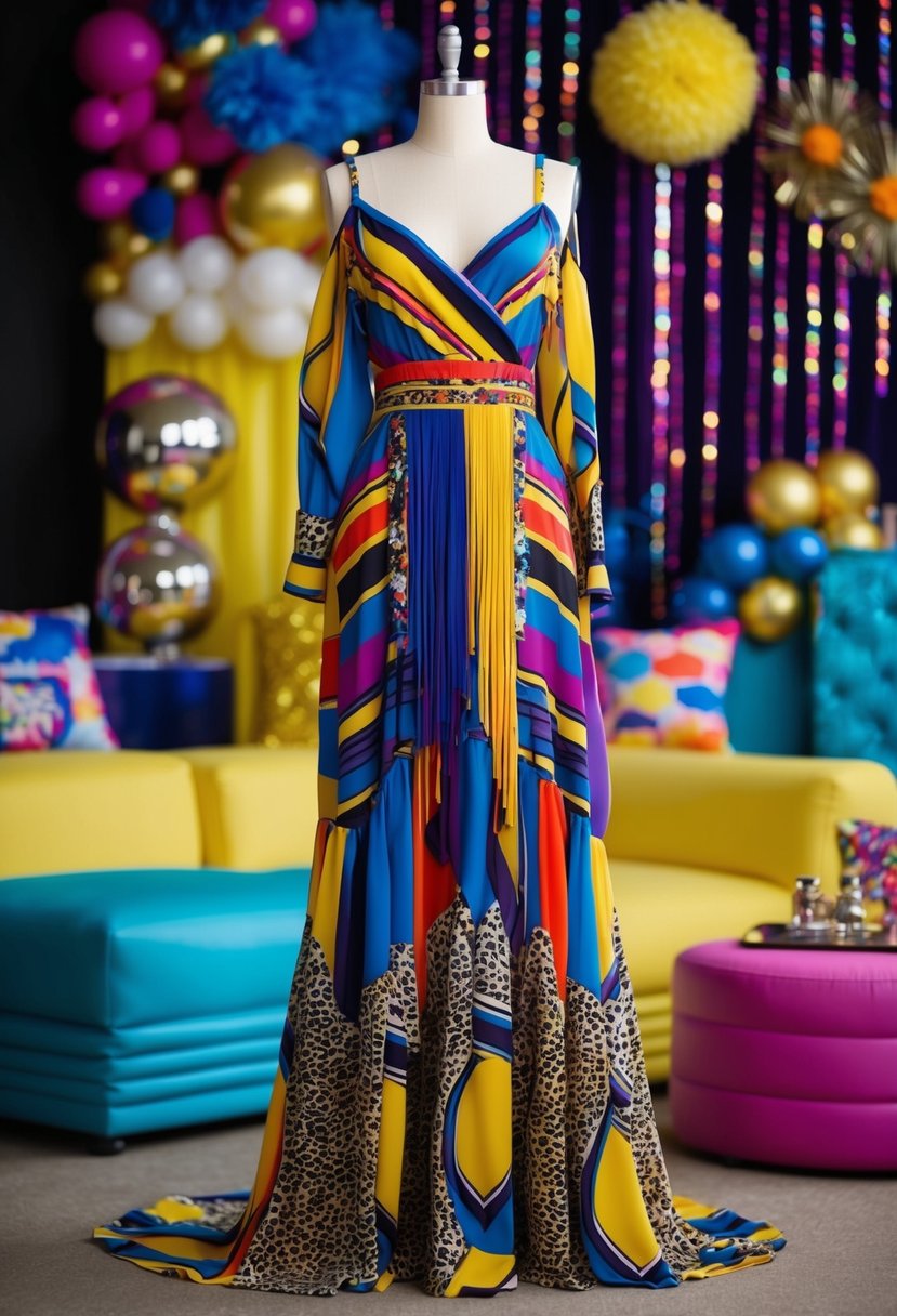 A flowing, colorful maxi dress with bold patterns and fringe details, set against a backdrop of 80s-inspired decor and accessories