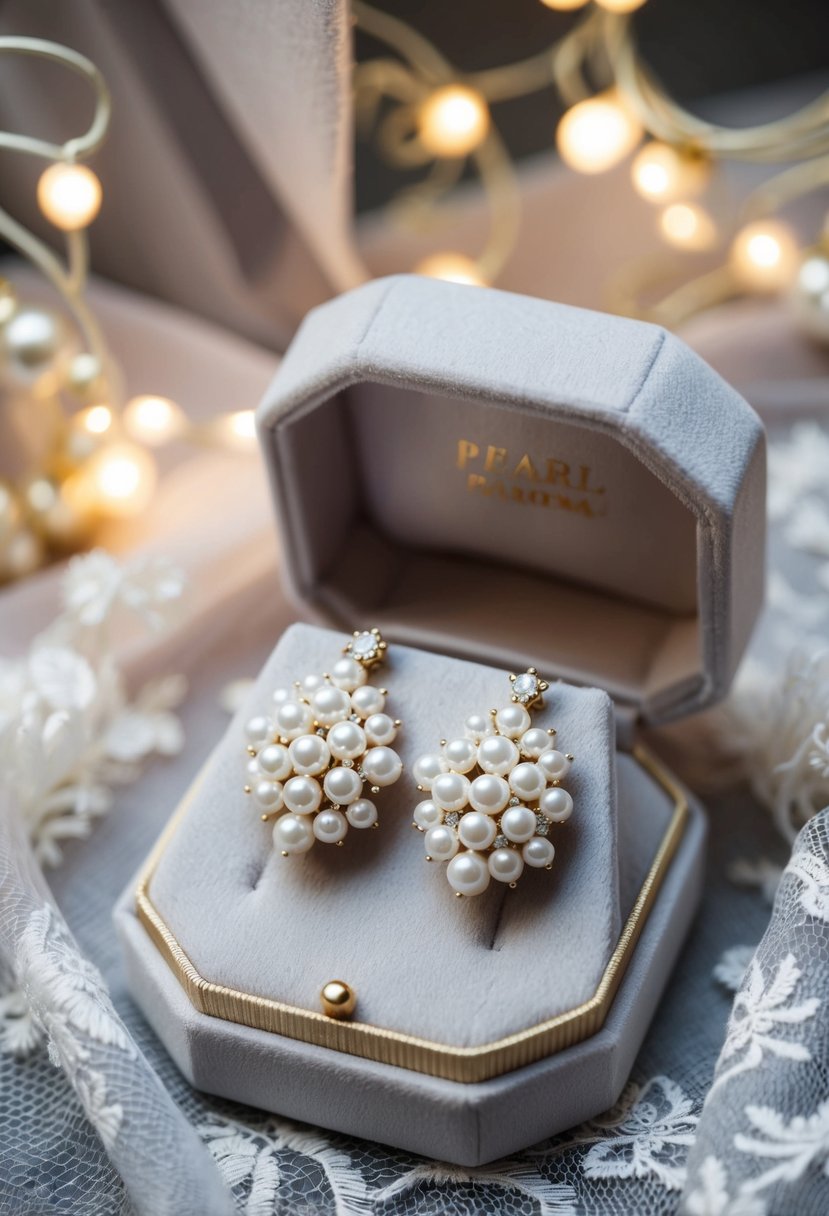 A pair of elegant pearl cluster earrings on a velvet jewelry display, surrounded by soft lighting and delicate lace fabric