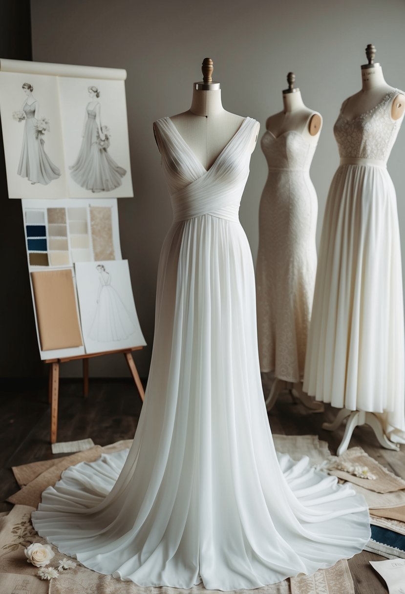 A flowing Grecian chiffon gown on a mannequin, surrounded by vintage wedding dress sketches and fabric swatches