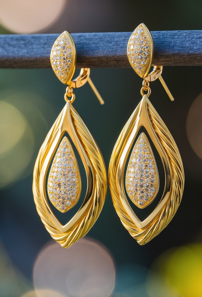 A pair of large, statement dangler earrings made of yellow gold, catching the light and shimmering with elegance