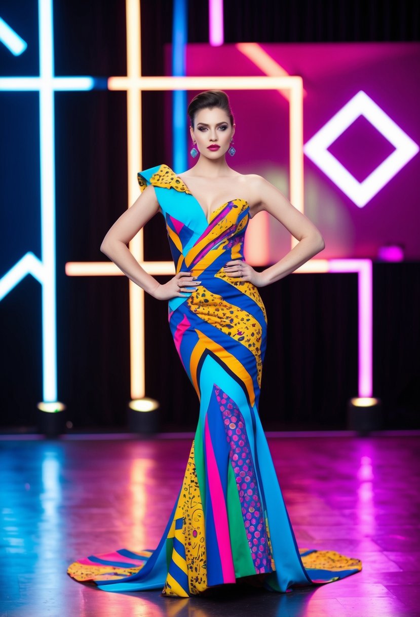 An 80s-inspired asymmetrical hemline gown with bold patterns and vibrant colors, set against a backdrop of retro geometric shapes and neon lights