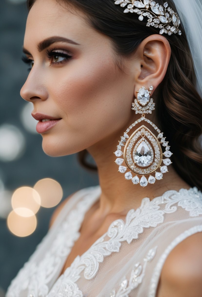 A bride wearing oversized, modern huggie earrings with intricate designs, sparkling gemstones, and elegant metallic finishes