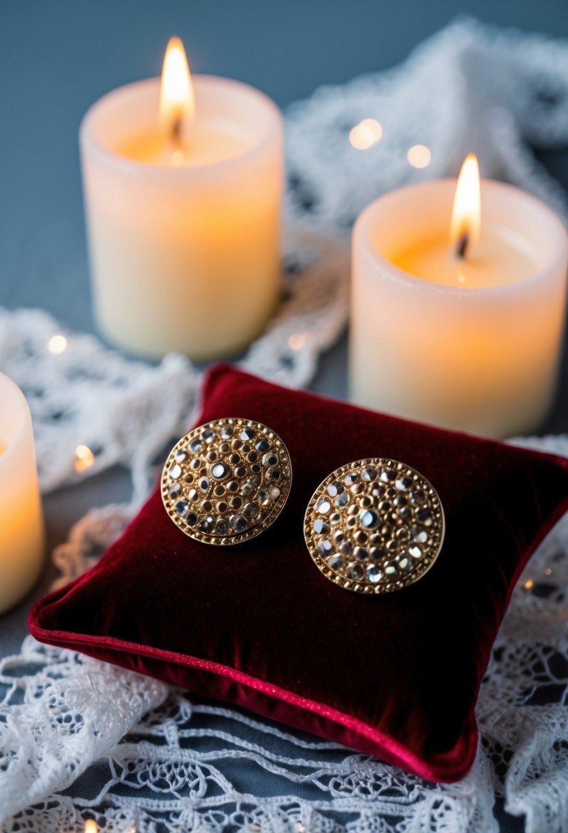 A pair of elegant studded earrings resting on a velvet cushion, surrounded by soft candlelight and delicate lace fabric