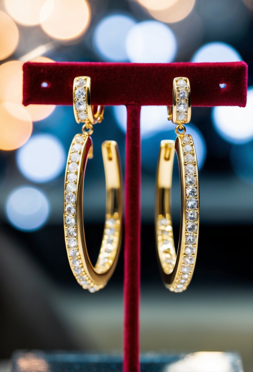 A pair of oversized earrings with sparkling gemstones, hanging on a velvet display stand