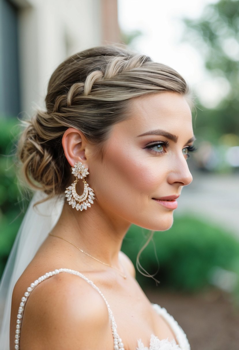 A woman's half-up hairstyle adorned with statement earrings, perfect for a wedding