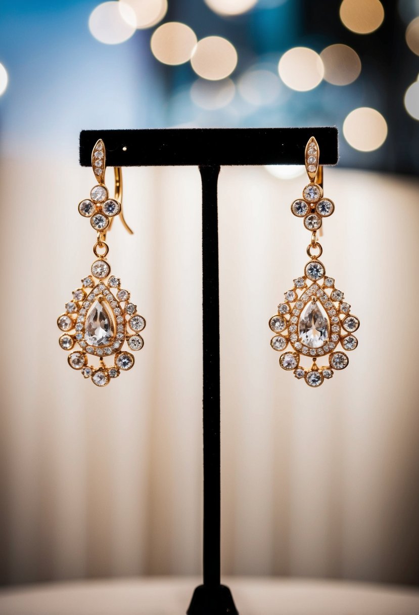 A pair of classic chandelier earrings hang elegantly from a jewelry stand, catching the light and sparkling with intricate details