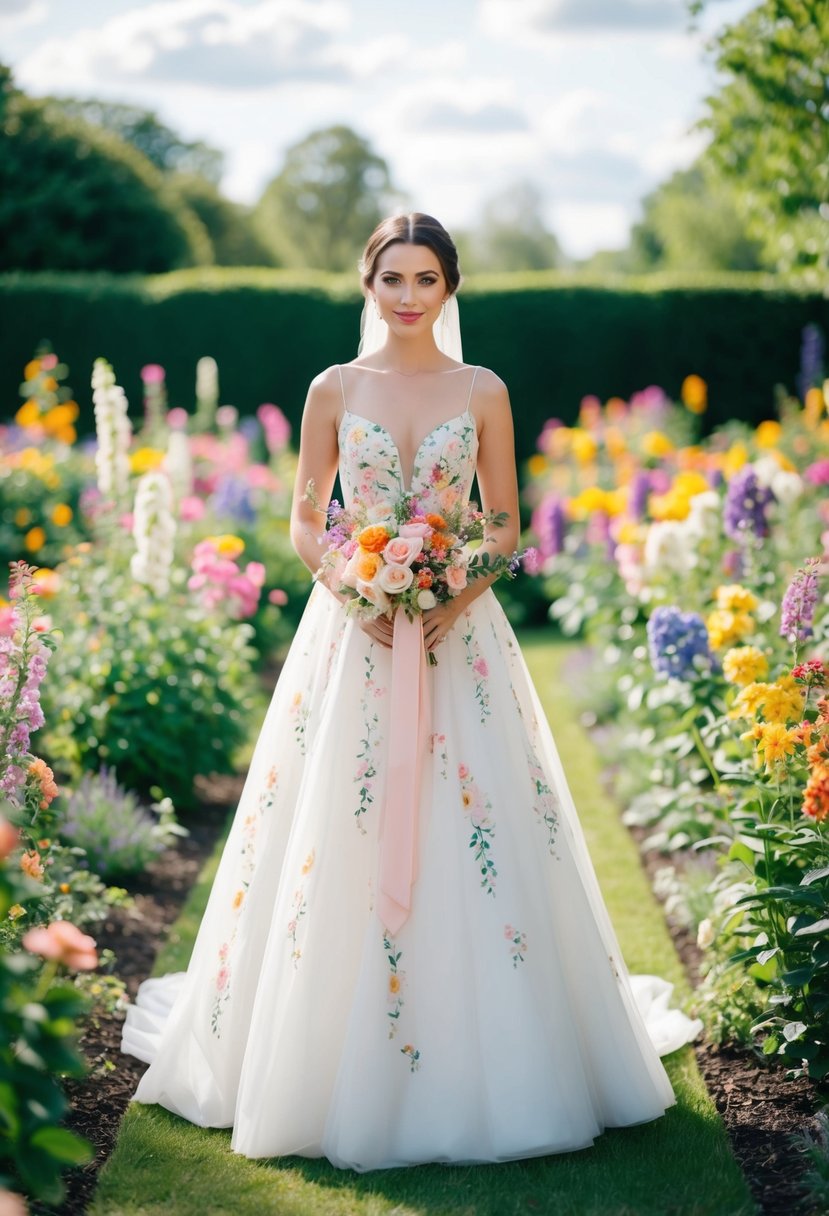 A bride stands in a garden, surrounded by colorful flowers. Her dress is adorned with delicate floral patterns, creating a beautiful and romantic scene