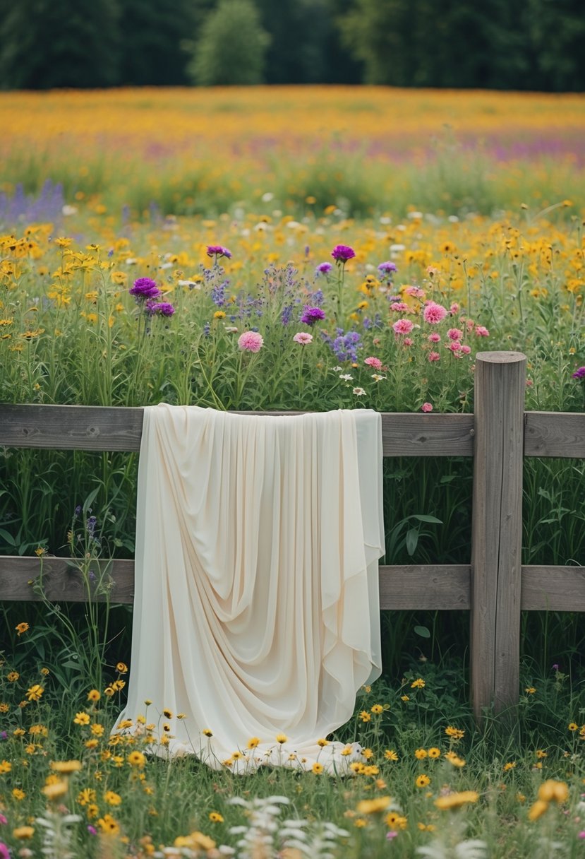 A field of colorful wildflowers with a flowing gown draped over a wooden fence, surrounded by delicate embroidery designs