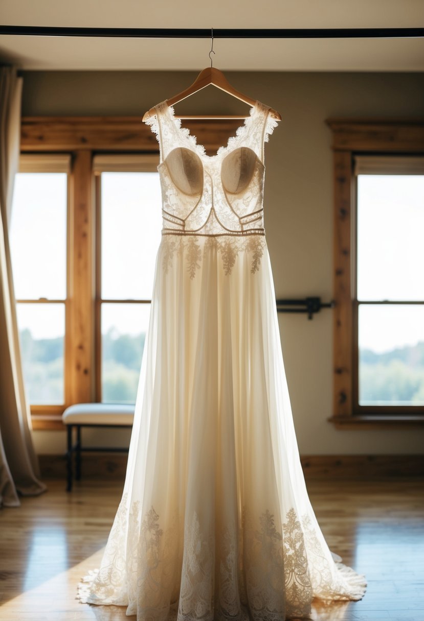 A flowing, lace-trimmed wedding dress hangs on a mannequin in a sunlit, bohemian-inspired fitting room