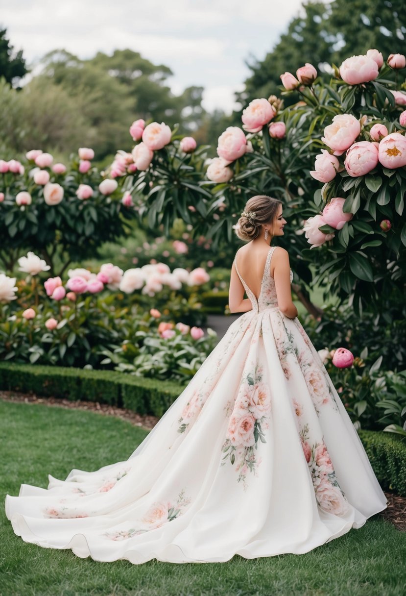 A lush garden with peonies in full bloom, a flowing ball gown with intricate floral print, and a bride admiring the dress