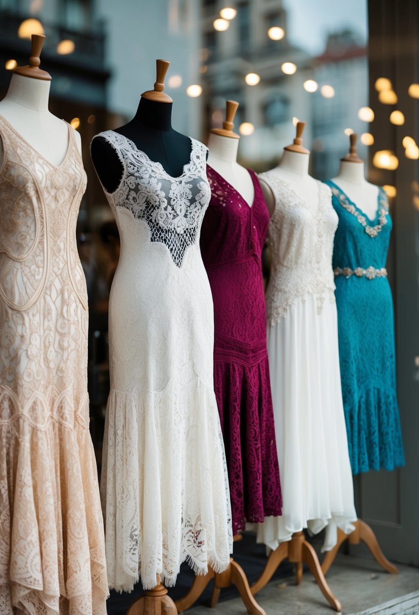 A group of 1920s-inspired lace dresses and 70s vintage wedding dress ideas displayed on mannequins in a boutique window