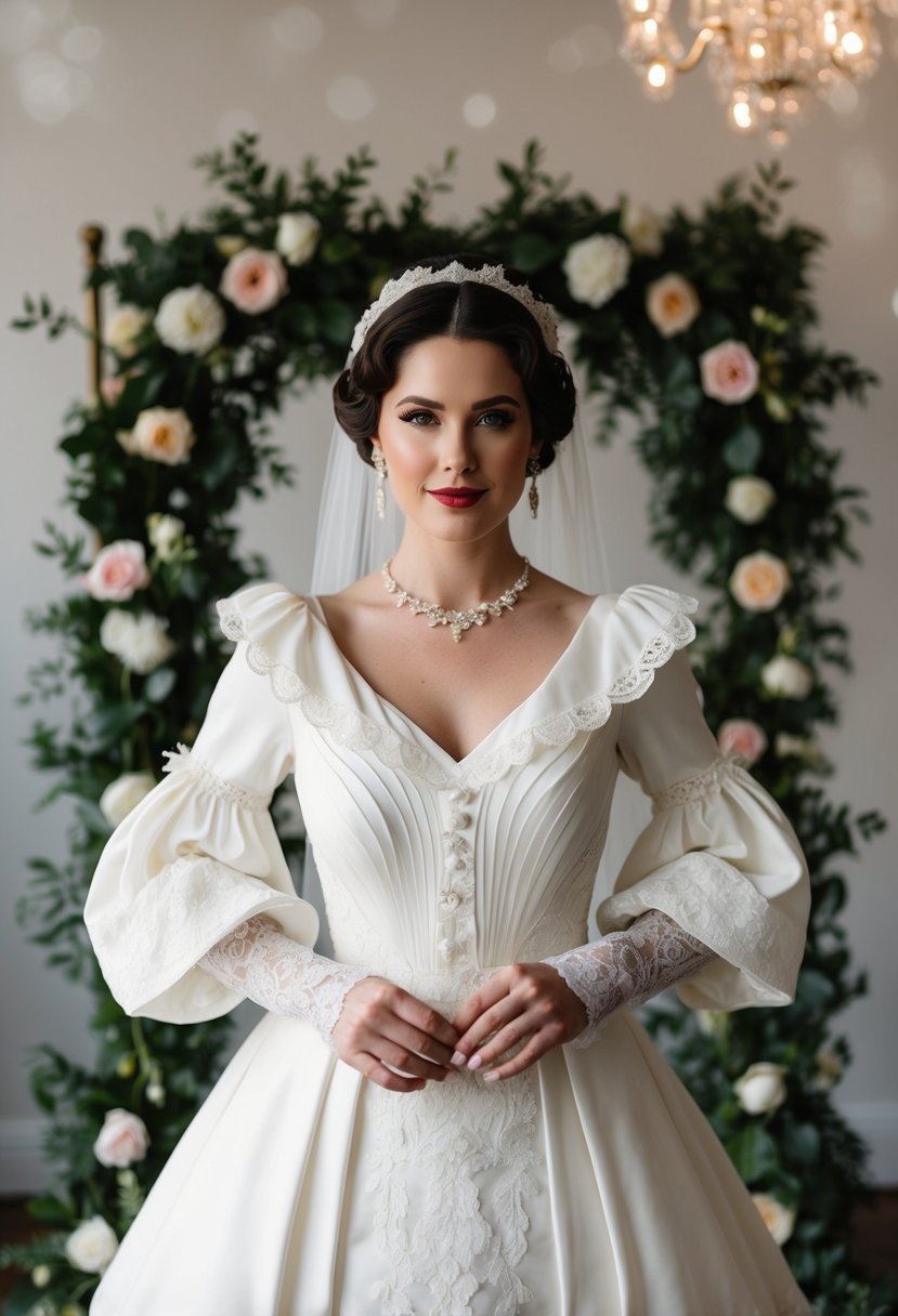 A bride in an Edwardian puff-sleeve wedding dress, surrounded by vintage floral decor and lace details