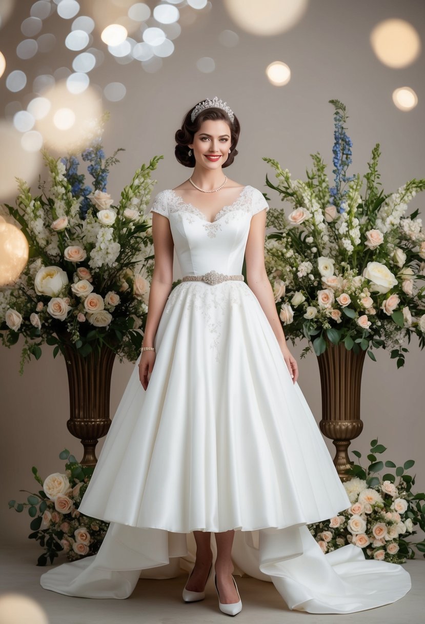 A bride in a 1950s tea-length dress with 70s vintage details, surrounded by classic floral arrangements and retro decor