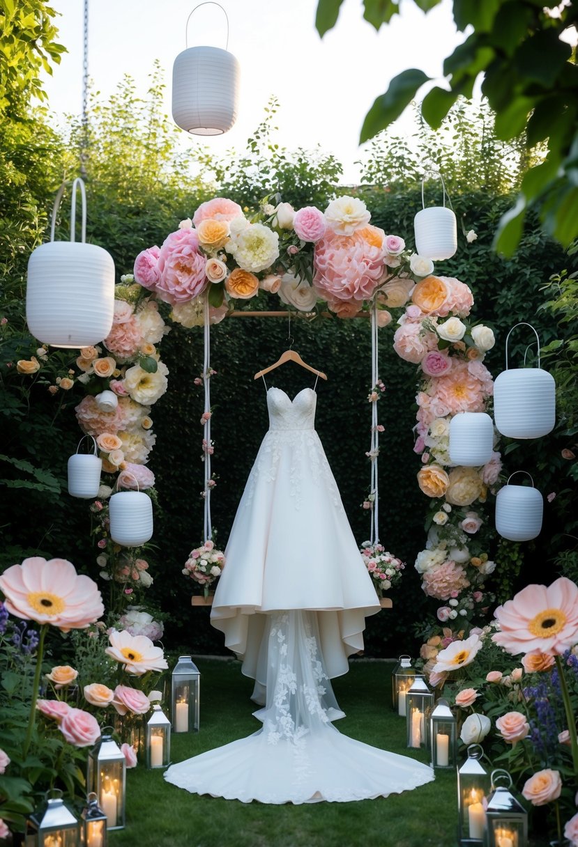 A garden filled with oversized flowers and floating lanterns, with a whimsical wedding dress draped over a swing