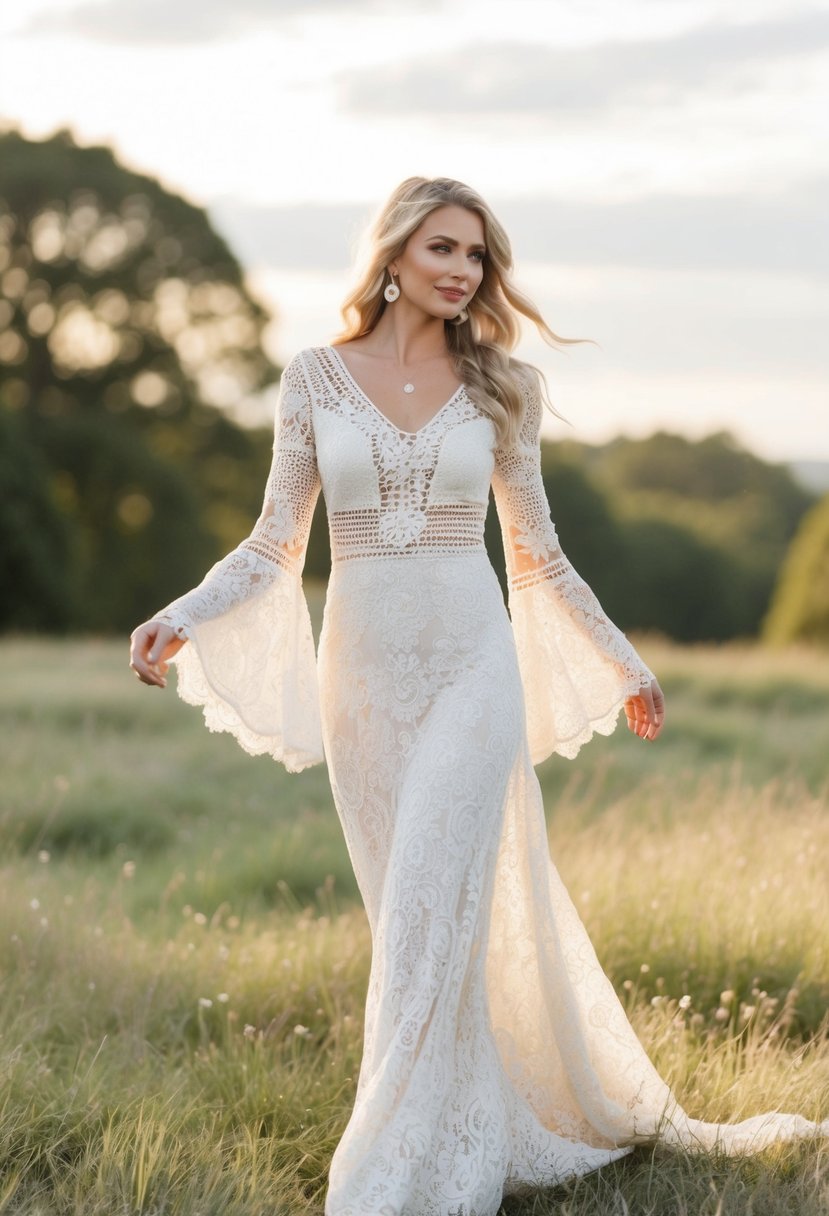 A flowing, off-white lace and crochet wedding dress with bell sleeves, floral patterns, and a loose, bohemian silhouette