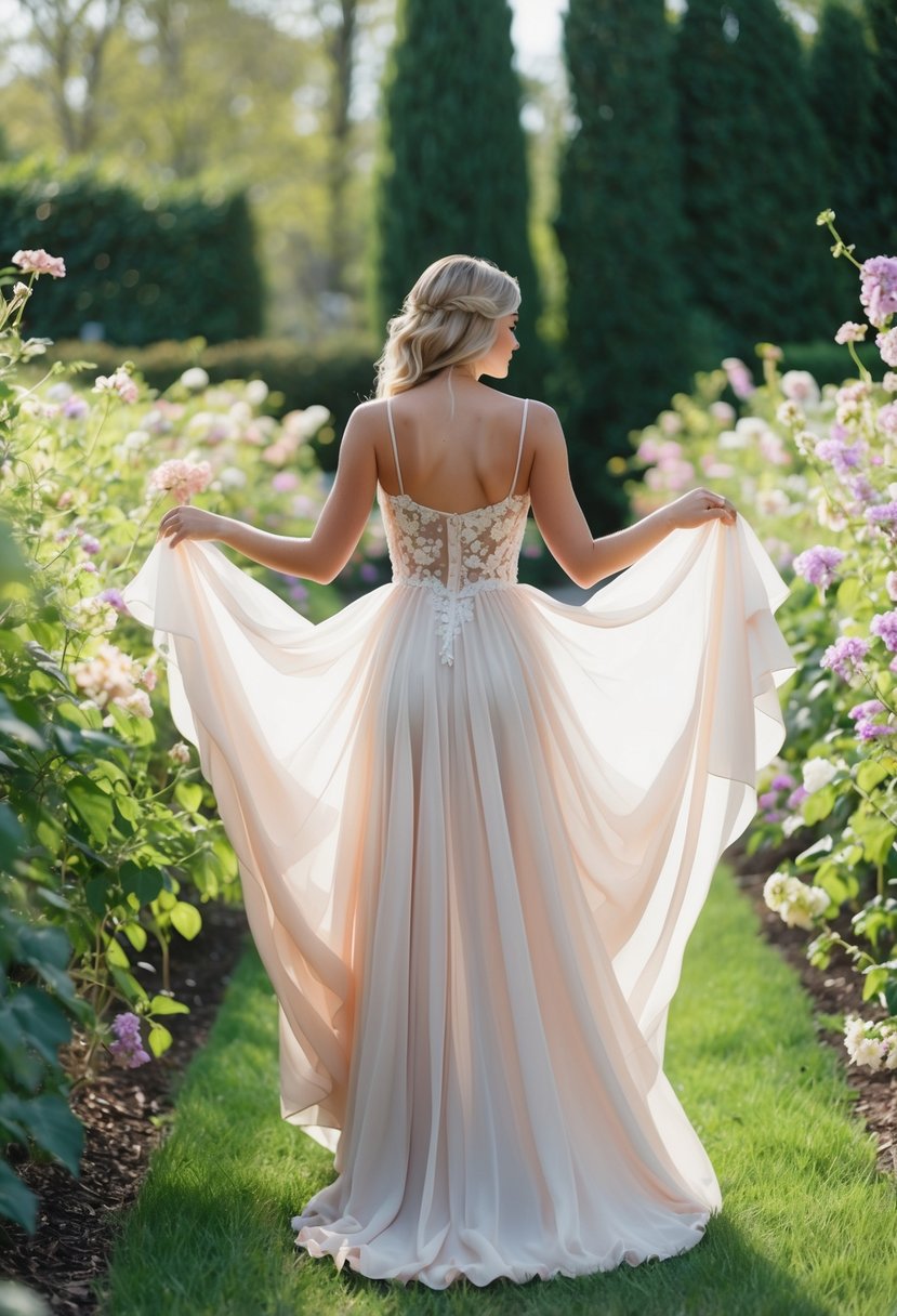 A flowy chiffon gown billows in a garden, surrounded by blooming flowers and delicate vines