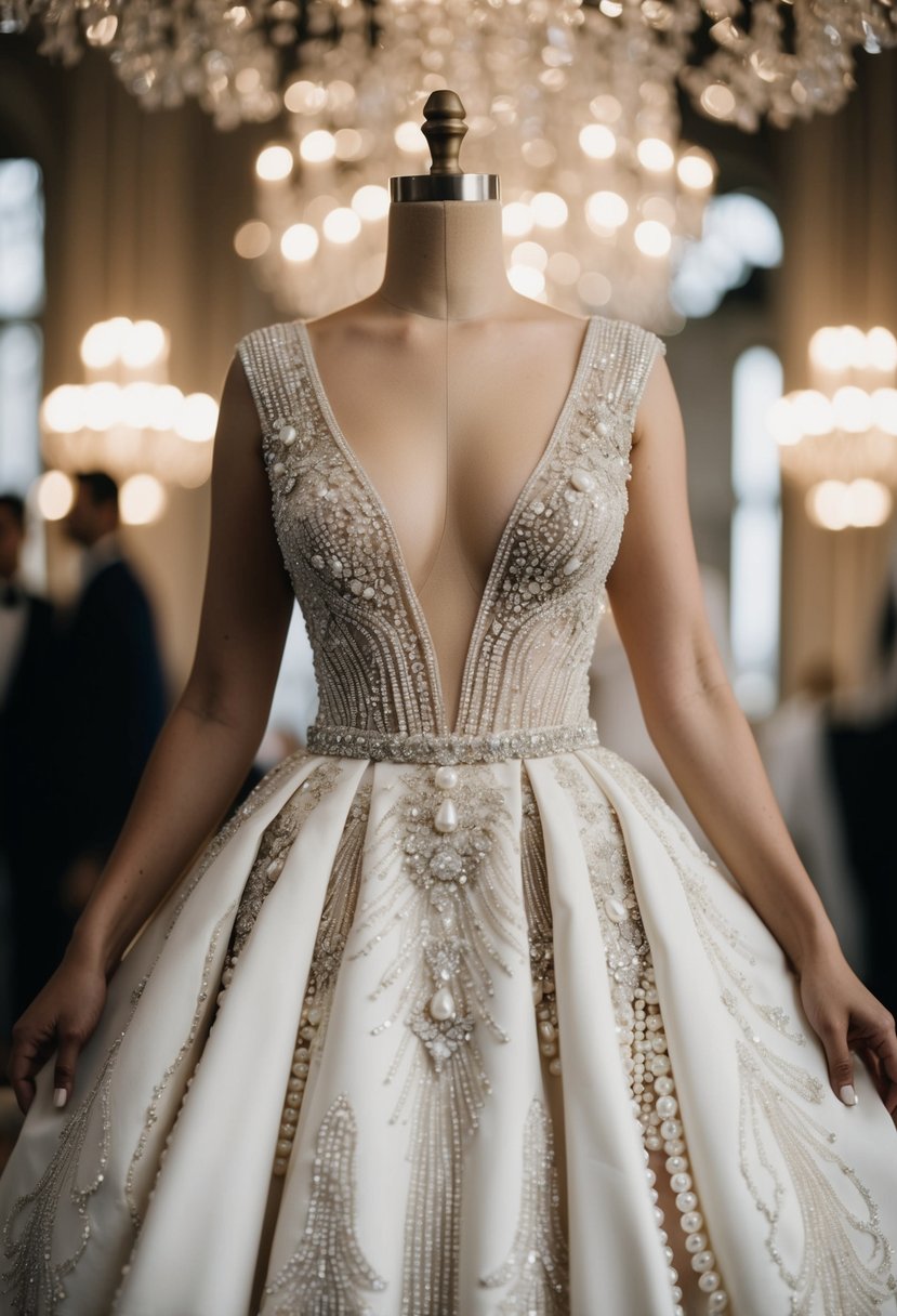 An opulent Art Deco beaded wedding dress with a plunging neckline and flowing skirt, accented with shimmering pearls and sequins, exuding 70s vintage glamour