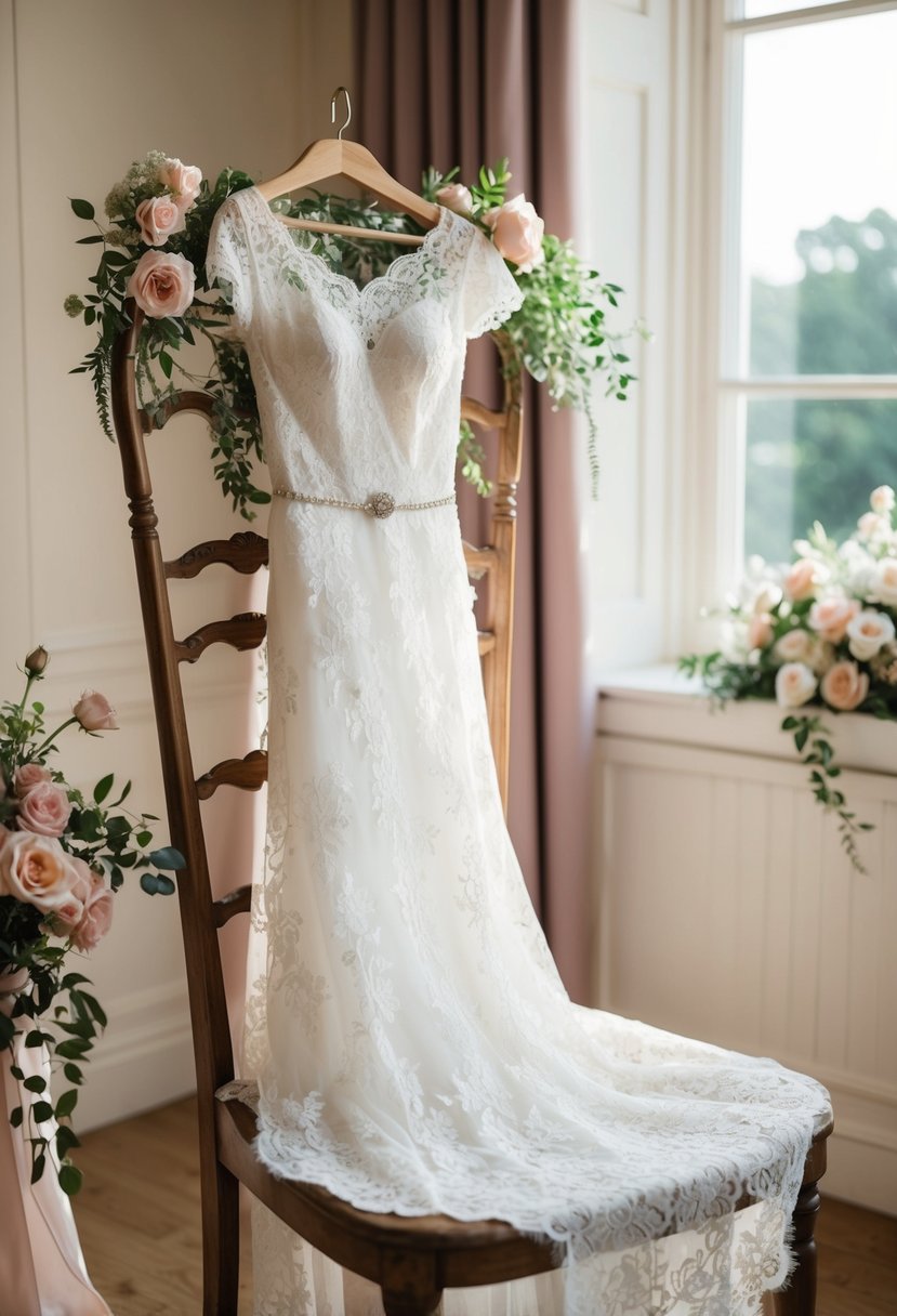 A delicate rose lace wedding dress draped over a vintage wooden chair in a sunlit room with soft floral accents